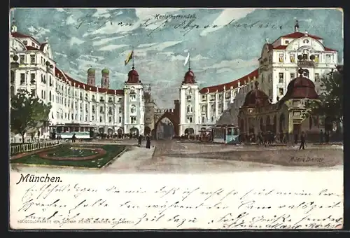 Künstler-AK Zeno Diemer: München, Karlsthorrondell, Strassenbahn und Gartenanlage