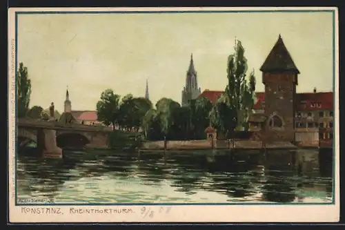 Künstler-Lithographie Zeno Diemer: Konstanz, Rheinthorturm