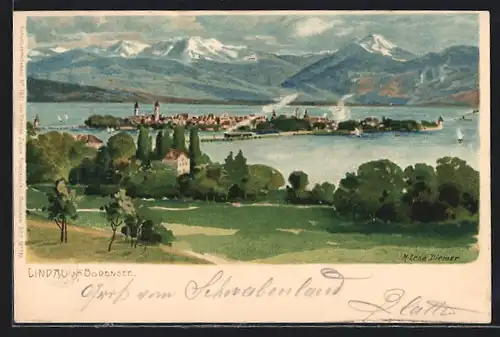 Künstler-AK Zeno Diemer: Lindau, Blick über die Insel mit Kirche