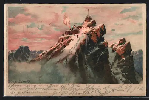 Künstler-AK Zeno Diemer: Berghütte auf der Zugspitze bei Sonnenaufgang