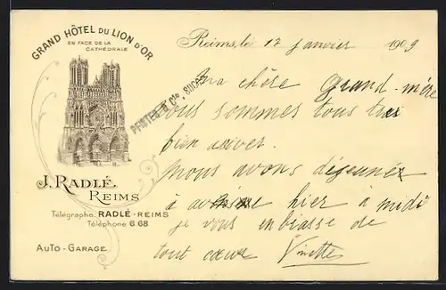 AK Reims, Grand Hôtel du Lion d`or, En face de la cathédrale, J. Radlé Reims