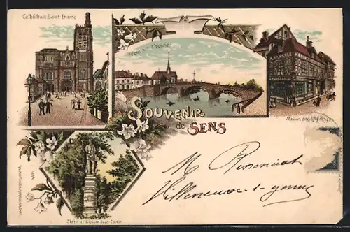 Lithographie Sens, Cathedrale Saint-Etienne, Pont sur l`Yonne, Maison dite d`Abraham
