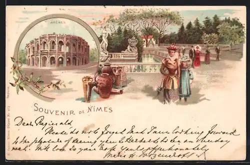 Lithographie Nimes, Arènes, Jardin de la Fontaine