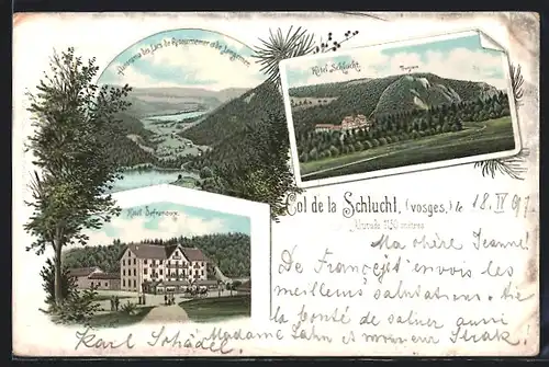 Lithographie Col de la Schlucht, Hotel Sefranoux et Hotel Schlucht