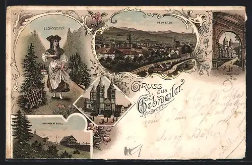 Lithographie Gebweiler, Teilansicht, Klosterkirche in Murbach, Belohen mit Hotel