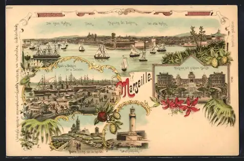 Lithographie Marseille, Totalansicht mit Neuem Hafen, Dom, Festung St. Johann und altem Hafen, Leuchtturm, Notre Dame
