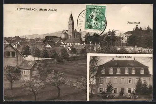 AK Lutterbach /Haute-Alsace, Mairie-Ecoles, Panorama & Pensionat