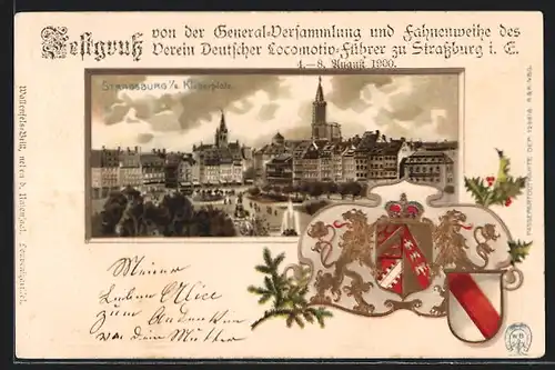 AK Strassburg, Kleberplatz mit Stadtpanorama, Wappen