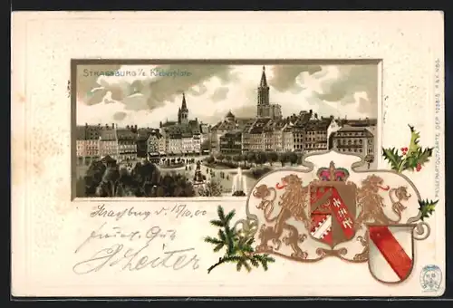 AK Strassburg, Kleberplatz mit Stadtpanorama, Wappen