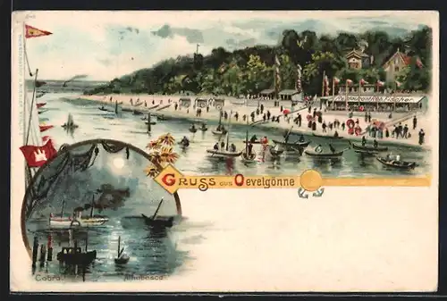 Lithographie Hamburg-Övelgönne, Restaurant Fischer, Strandpartie