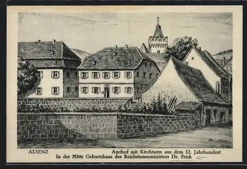 Künstler-AK Alsenz, Amthof mit Kirchturm aus dem 12. Jahrhundert, Geburtshaus des Reichsinnenministers Dr. Frick