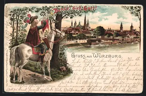 Lithographie Würzburg, Behüt Dich Gott! Ortsansicht, Trompeter von Säckingen