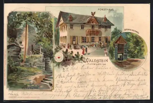 Lithographie Zell / Fichtelgeb., Burgruine, Forsthaus Waldstein, Bärenfang