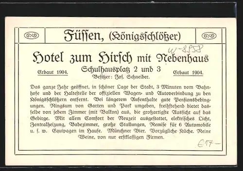 AK Füssen i. bayr. Allgäu, Hotel zum Hirsch mit Nebenhaus