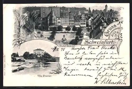 AK Schweinfurt, Ortspartie mit Rathaus und Rückert-Denkmal, Villa Cramer