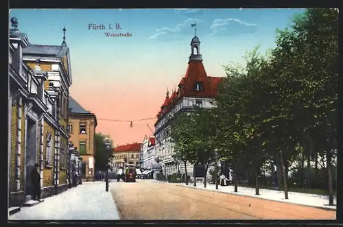 AK Fürth i. B., Synagoge, Strassenbahn in der Weinstrasse