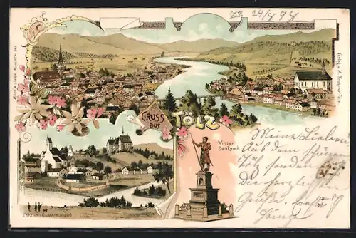 Lithographie Tölz, Winzer-Denkmal, Ortsansicht aus der Vogelschau