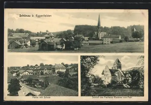 AK Schönau b. Eggenfelden, Partie mit Schule, Schloss des Freiherrn Riederer von Paar, Ortsansicht