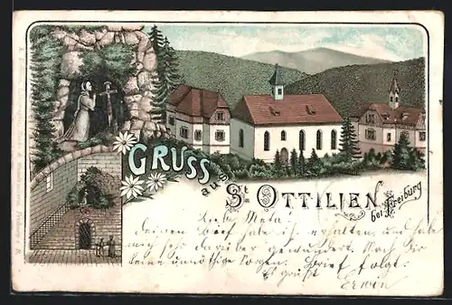 Lithographie St. Ottilien b. Freiburg, Ortsansicht, Mönch beim Gebet