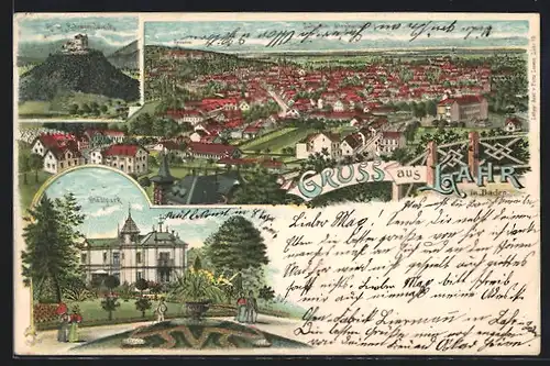 Lithographie Lahr in Baden, Stadtpark, Ruine Hohengeroldseck, Ortsansicht aus der Vogelschau