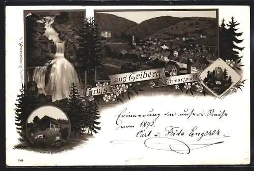 Lithographie Triberg im Schwarzwald, Wasserfall, Schwarzwälder Bauernhaus, Ortsansicht