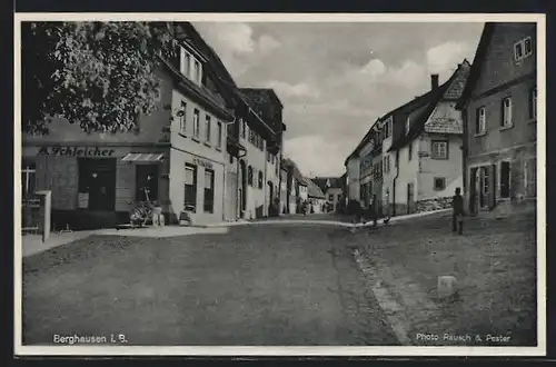 AK Berghausen, Strassenpartie mit Geschäft von H. Schleicher