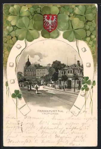 Passepartout-Lithographie Frankfurt a / M., Hauptwache mit Strassenbahn, Kleeblätter und Wappen