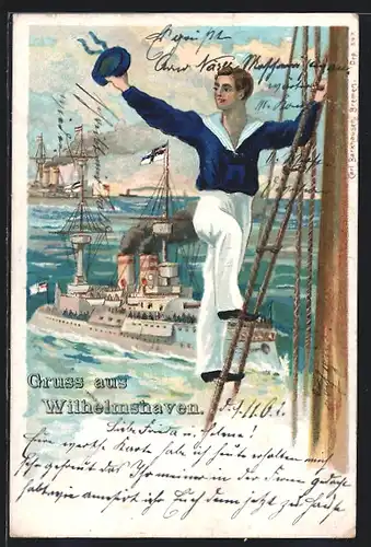 Lithographie Wilhelmshaven, Matrose mit Kriegsschiffen