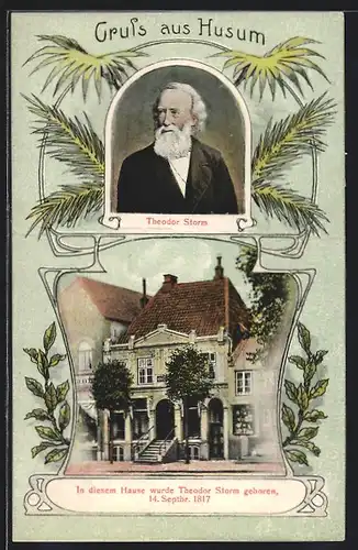 AK Husum, Geburtshaus und Portrait von Theodor Storm