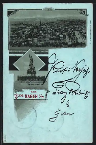 Lithographie Hagen i. W., Kriegerdenkmal, Ortsansicht aus der Vogelschau