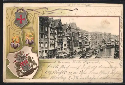 Passepartout-Lithographie Alt-Hamburg, Fleet mit Wappen