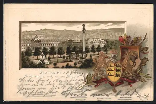 Passepartout-AK Stuttgart, Blick auf Schlossplatz mit neuem Schloss, Wappen