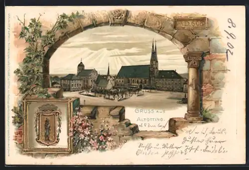 Passepartout-Lithographie Altötting, Partie am Marktplatz, Wappen