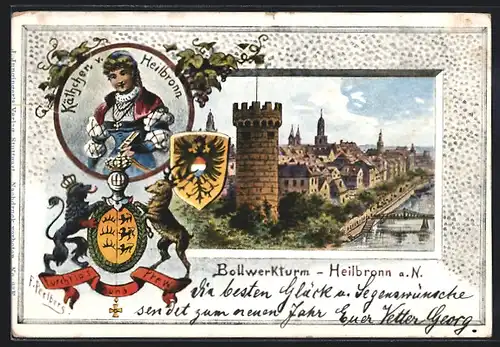 Passepartout-Lithographie Heilbronn a. N., Bollwerkturm, Käthchen v. Heilbronn, Wappen