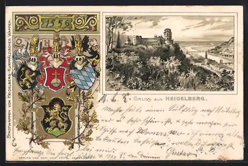 Passepartout-Lithographie Heidelberg, Totalansicht mit Wappen