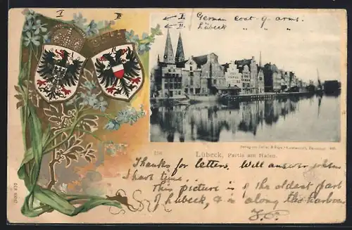 Passepartout-Lithographie Lübeck, Partie am Hafen, Wappen