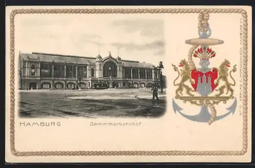 Passepartout-Lithographie Hamburg-Rotherbaum, Dammtorbahnhof mit Wappen