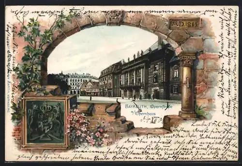 Passepartout-Lithographie Bayreuth, Opernstrasse mit Opernhaus, Wappen