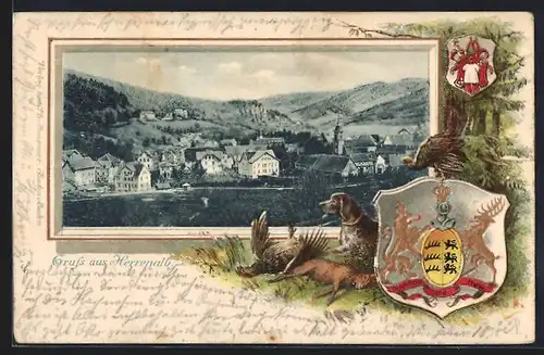 Passepartout-Lithographie Herrenalb, Blick auf die Ortschaft, Wappen