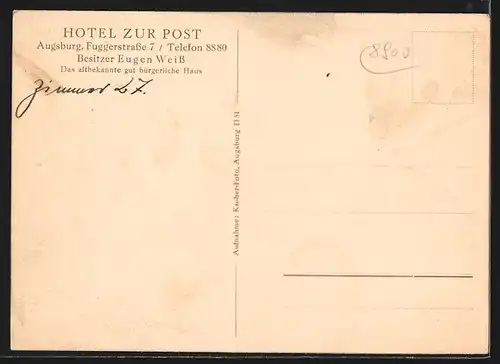 AK Augsburg, Hotel zur Post, Besitzer: Eugen Weiss, Fuggerstrasse 7