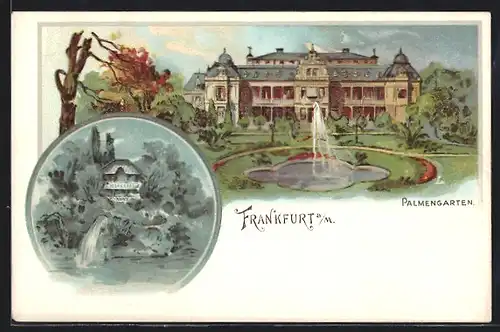 Lithographie Frankfurt-Westend, Cafe Palmengarten mit Springbrunnen