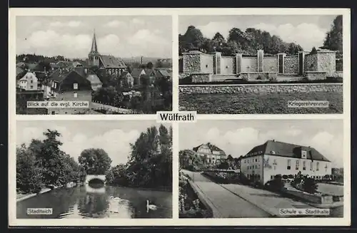 AK Wülfrath, Blick auf die Kirche, Stadtteich, Kriegerehrenmal