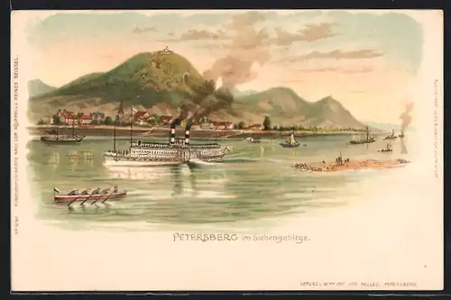 Lithographie Petersberg im Siebengebirge, Ansicht Ort über Fluss mit Dampfer