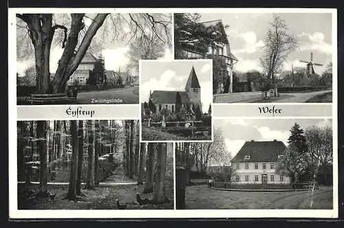 AK Eystrup / Weser, Ortspartie mit Windmühle, Zwillingslinde, Kirche