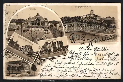 Vorläufer-Lithographie Halle /Saale, 1895, Bahnhof, Burg Giebichenstein, Rathhaus und Rathskeller, Stadt Theater