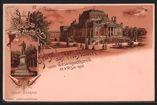 Lithographie Wiesbaden, Gesangwettstreit 1900, Kaiser-Denkmal, Neues Theater