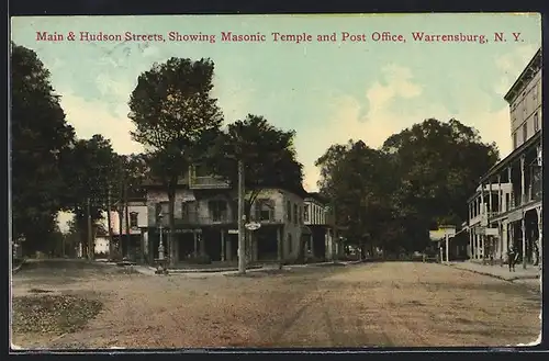 AK Warrensburg, NY, Main & Hudson Streets, Showing Masonic Temple and Post Office