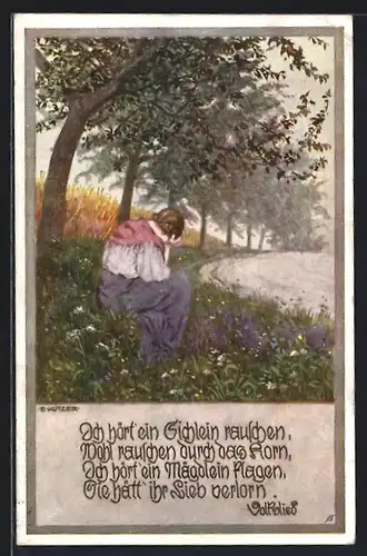 Künstler-AK Ernst Kutzer: Mädchen an einem Weg sitzend, Volkslied Ich hört ein Eichlein rauschen...