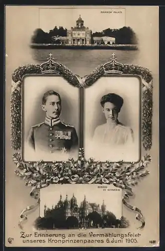 AK Schloss zu Schwerin, Marmor-Palais, Zur Erinnerung an die Vermählungsfeier unseres Kronprinzenpaares 1905