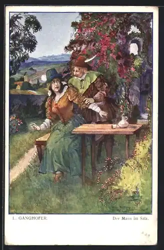 Künstler-AK T. Welzl: L. Ganghofer, Szene aus Der Mann im Salz